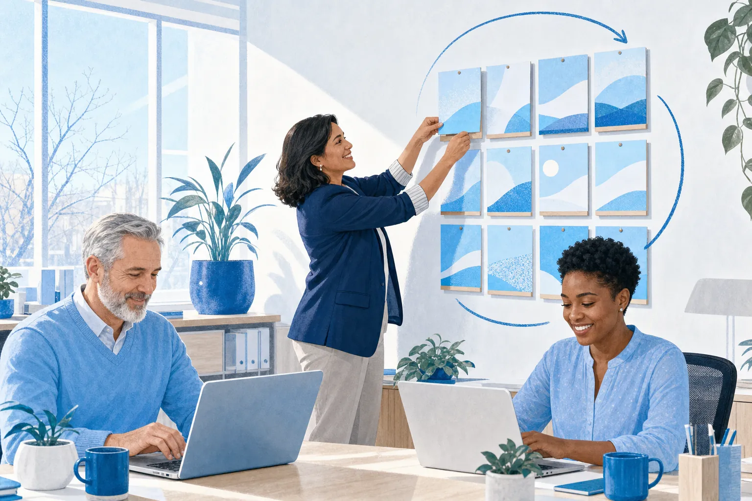 An HR coordinator pins up the new year on a wall calendar while two coworkers finish their refresher courses.