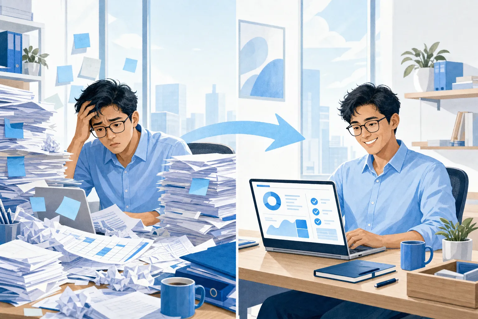 An office worker buried in spreadsheets and sticky notes, and the same person relaxed at a tidy training dashboard.
