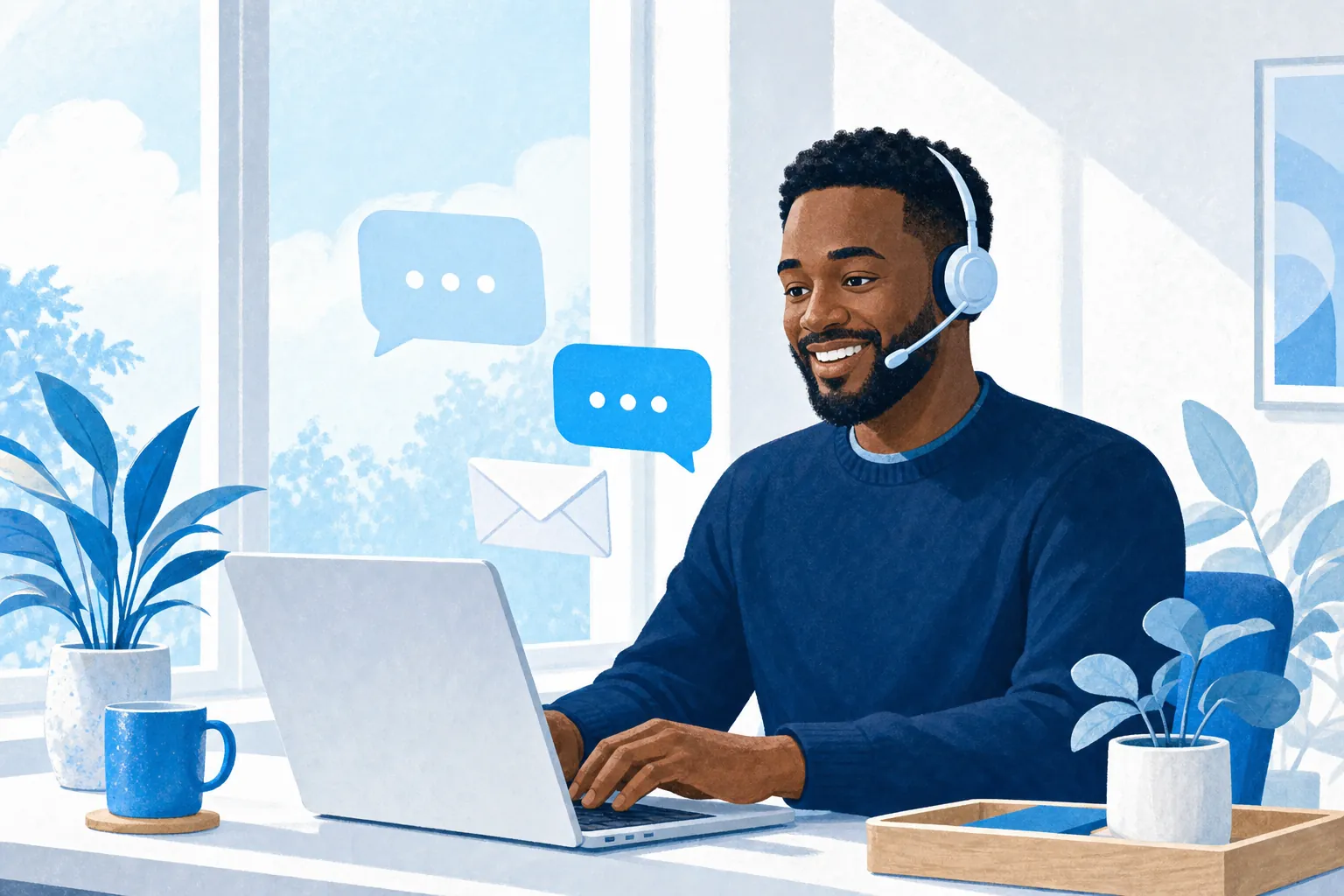 A support person with a headset smiles while replying to a message at a bright desk.