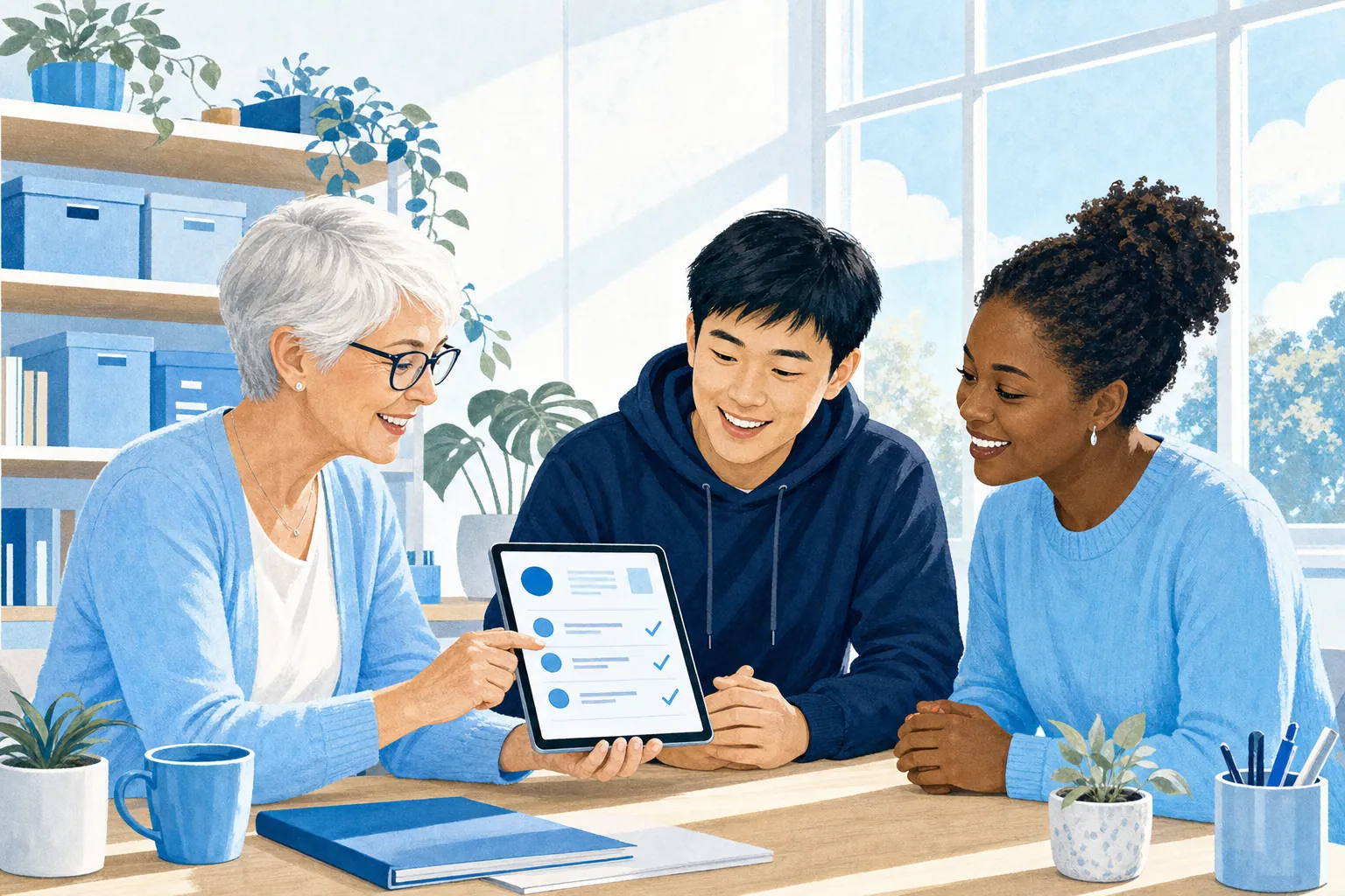 A program coordinator shows two volunteers a training checklist on a tablet in a bright community office.