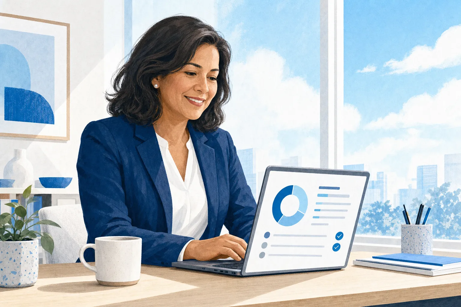 An HR manager at a bright desk, smiling at a training dashboard on her laptop.