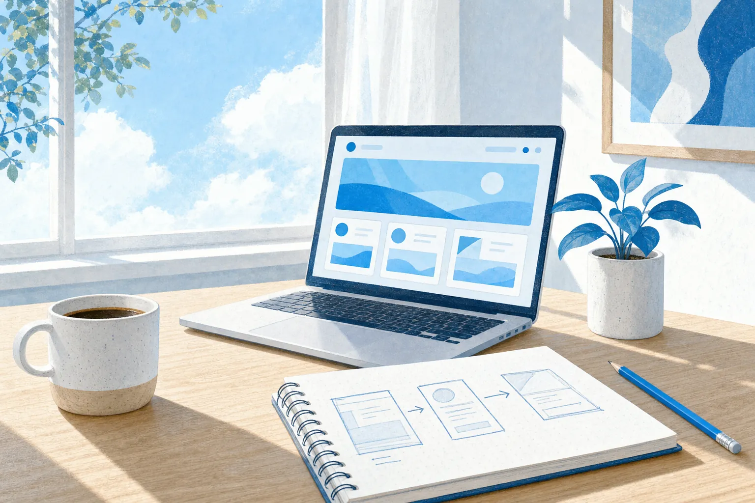 A bright desk by a window with a laptop showing a course page and a notebook of sketches.