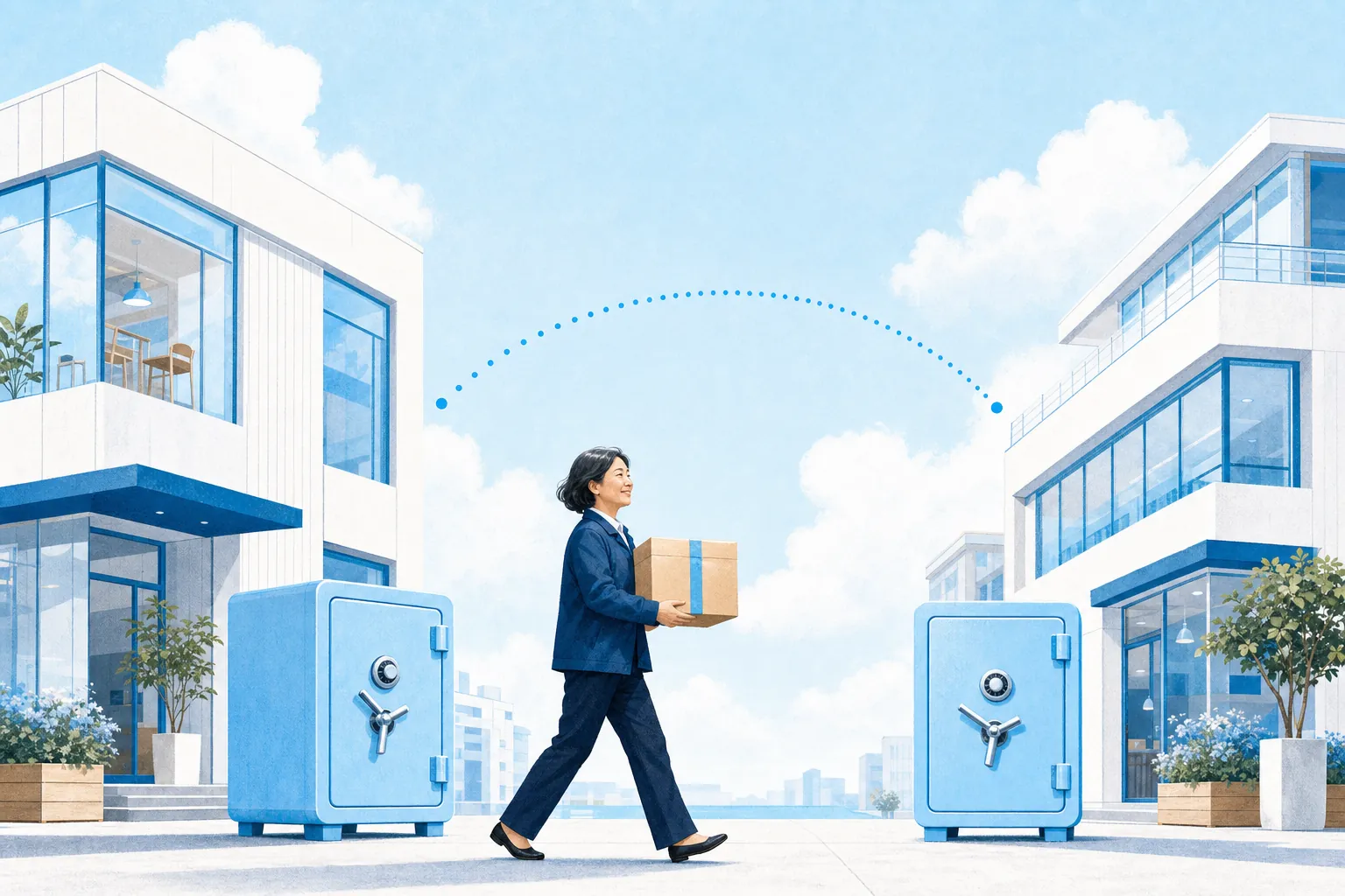 A courier carries a sealed box between two bright buildings, each with an identical safe, along a dotted path.