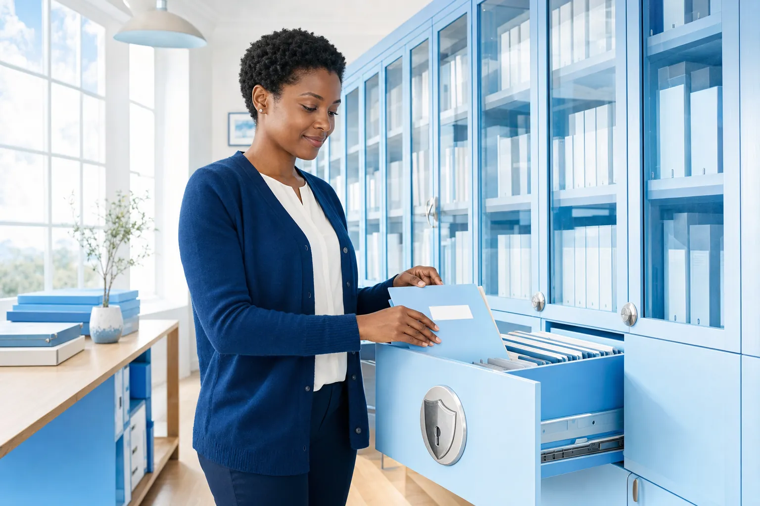 An archivist places a folder into a bright records cabinet that closes with a shield-shaped lock.