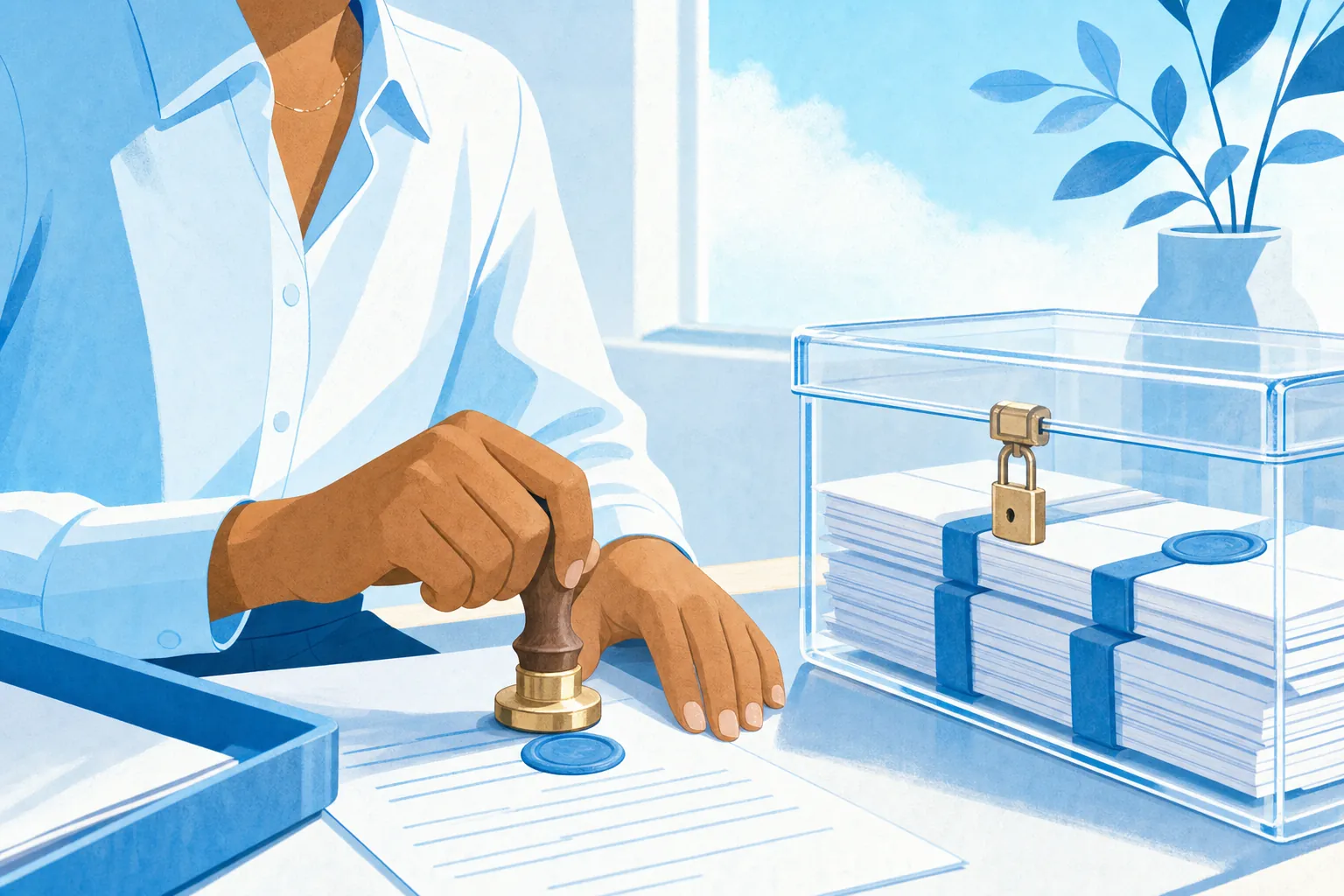 Hands pressing a seal onto a document next to a locked, transparent box of sealed records.