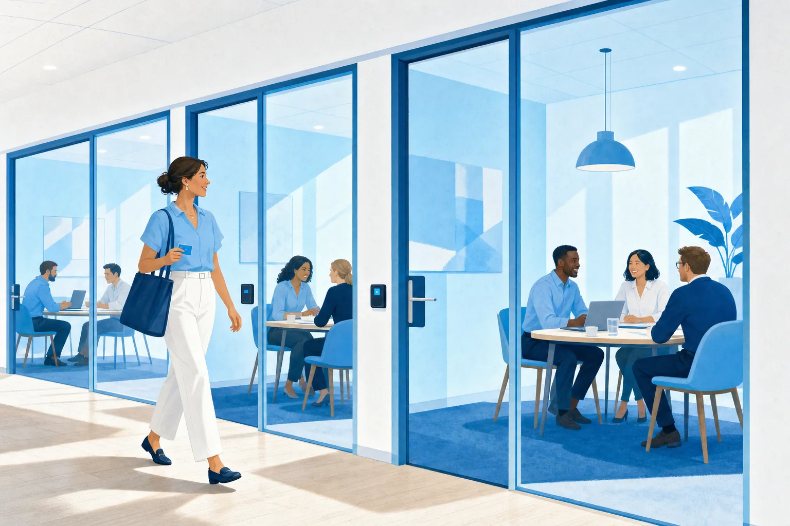 A bright office floor of separate glass rooms, each with its own team and its own locked door.